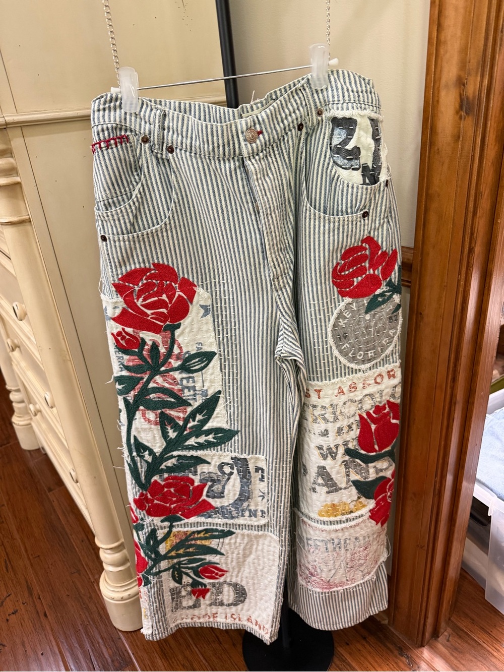 Free People We The Free Striped Wide-Leg Jeans with Red Rose AppliquΓ©s